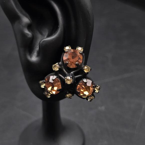 Vintage Joseph Warner Clip On Earrings Rhinestone Orange Champagne Japaned Black - Picture 2 of 8